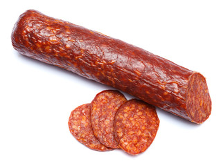 Spanish chorizo sausage on white background