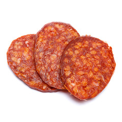 Spanish chorizo sausage on white background