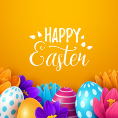 Easter background with spring flowers and eggs. Vector illustration