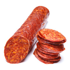 Spanish chorizo sausage on white background