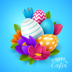 Easter background with spring flowers and eggs. Vector illustration