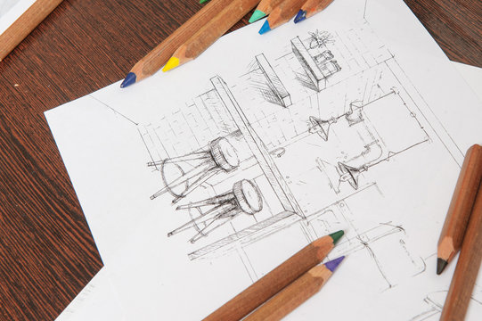 Outline drawings for the design of the kitchen design, everything is drawn in pencil. Beautiful, brick walls.