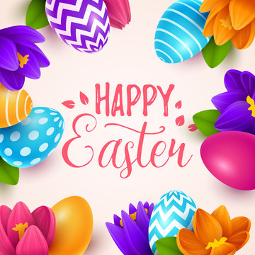 Easter background with spring flowers and eggs. Vector illustration