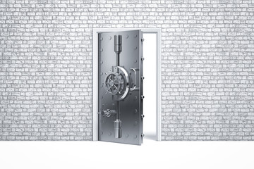 home security safe door on brick wall 3d rendering