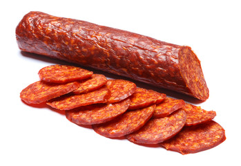 Spanish chorizo sausage on white background