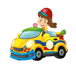 Cartoon scene with girl in sports car smiling and looking - illustration for children