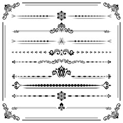 Vintage set of vector decorative elements. Horizontal separators in the frame. Collection of different ornaments. Classic patterns. Set of black and white patterns