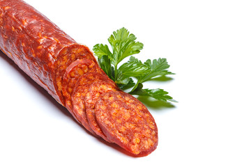 Spanish chorizo sausage on white background