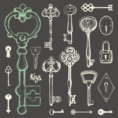 Vector set of hand-drawn antique keys. Illustration in sketch style on black background. Old design