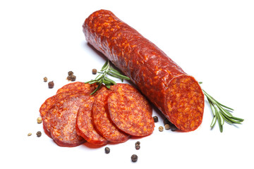 Spanish chorizo sausage on white background - obrazy, fototapety, plakaty