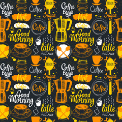 Seamless coffee sketch background. Hot drinks menu. Vector Illustration pattern with cup, maker, beans, spoon, labels.