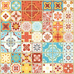 Seamless pattern with portuguese tiles. Vector illustration of Azulejo on white background. Mediterranean style. Multicolor design.