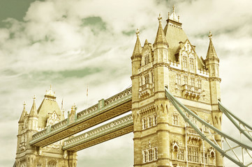 View of Tower Bridge in London with vintage tone effect.