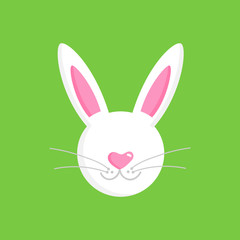 Cute white easter bunny head with ears, muzzle and whiskers, vector graphic illustration isolated on green background.
