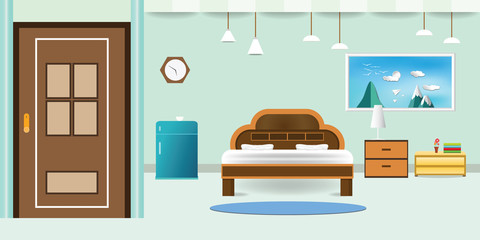 Fototapeta premium bedroom interior flat design relax that have door refrigerator blue cabinet, picture frame sky cloud landscape on mountain, in wall color soft green background. vector illustration