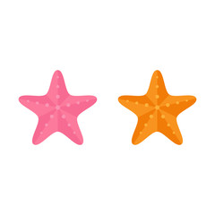 Set of two starfish marine animals, pink and orange starfish, vector graphic illustration, isolated.