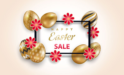 Easter card with square frame and gold ornate eggs on a light background. Vector illustration. Place for your text. Golden eggs with small floral and geometric patterns