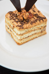 Walnut and chocolate cake on white plate