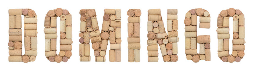 Word Sunday in Spanish Domingo made of wine corks Isolated on white background