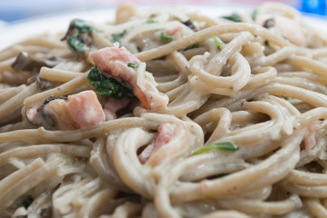 closeup of spanish pasta with carbonara sauce in a plate