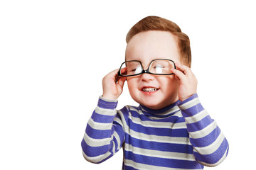 Smiling baby boy dresses glasses. Isolated on white.