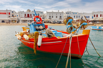 Mykonos. Fishing boats in the bay. - obrazy, fototapety, plakaty