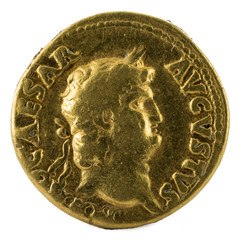 Ancient Roman gold aureus coin of Emperor Nero. Obverse.