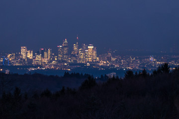 Skyline Frankfurt in der Dämmerung hinter den Wäldern des Taunus