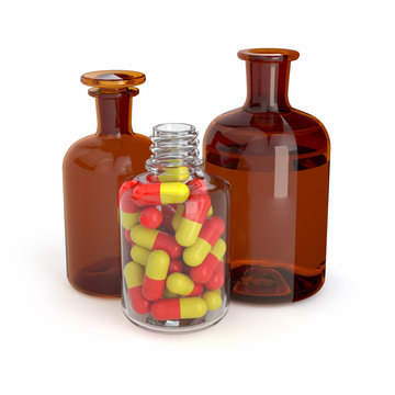 3d rendering bottle with medication pills and liquid medicine solution medicine laboratory health illness