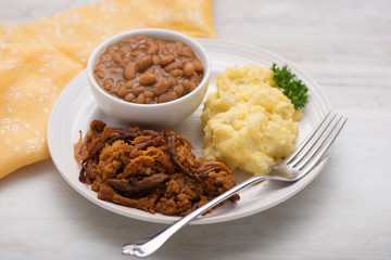 Pulled pork, baked beans and potato salad on a plate