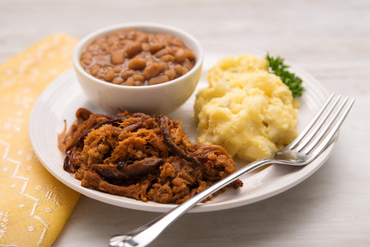 Pulled pork, baked beans and potato salad on a plate