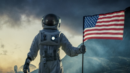 Astronaut Wearing Space Suit Plants American Flag on the Red Planet/ Mars. Patriotic and Proud...