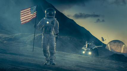 Strong Astronaut On Alien Planet Walks Through the Storm with a Flag of Unites States of America....