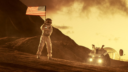 Astronaut Wearing Space Suit Plants American Flag on the Red Planet/ Mars. Patriotic and Proud...