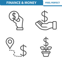 Finance And Money Icons. Professional, pixel perfect icons depicting various finance, money and currency concepts. EPS 8 format.