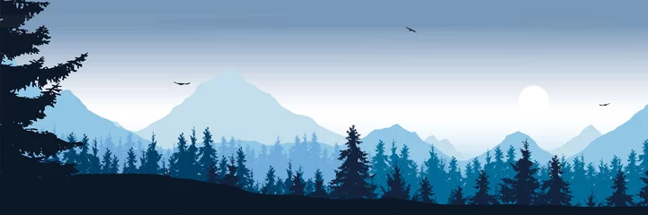 Fototapeten weite Berglandschaft mit Wald und fliegenden Vögeln unter dem Morgenhimmel mit Wolken und aufgehender Sonne - Vektor, geeignet für Außenwerbung © Forgem