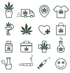 Marijuana, Cannabis icons. Set of medical marijuana icons. Marijuana leaf. Drug consumption. Marijuana Legalization. Isolated vector illustration.