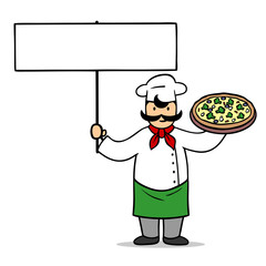 Pizzaservice mit vegetarischer Pizza und Schild