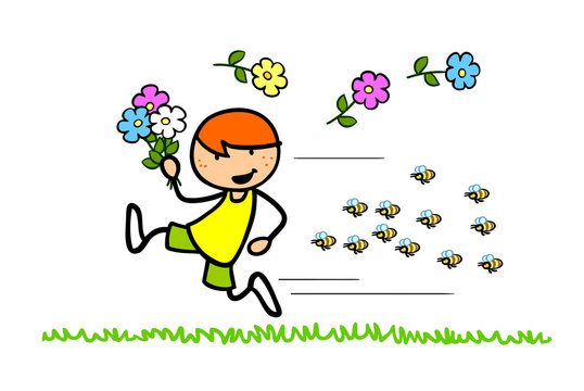 Kind mit Blumen flüchtet vor Bienen