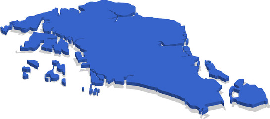 3d isometric view map of Singapore with blue surface and cities. Isolated, white background