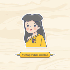 Vintage Thai Woman In Traditional Dress Character Wood Background Vector Illustration