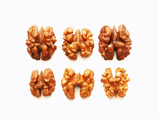 Walnut nuts. Kernel isolated on white background. Collection, set. Walnut kernel, halves