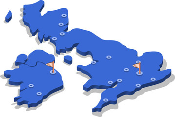 3d isometric view map of England with blue surface and cities. Isolated, white background