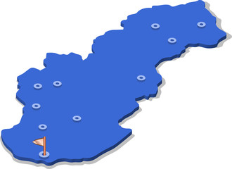 3d isometric view map of Slovakia with blue surface and cities. Isolated, white background