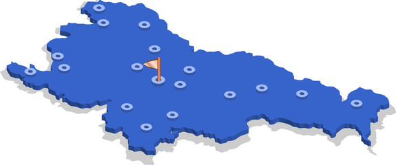 3d isometric view map of Slovenia with blue surface and cities. Isolated, white background