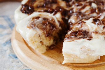 Homemade cinnamon roll pie with caramelized apples and cream