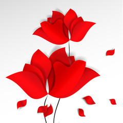 Bright paper-cut style red flowers, flying petals white background. 3D vector, card, happy, spring, summer, love, flora, design, mother day, Valentine's, wedding, wallpaper, roses, poppies, tulips