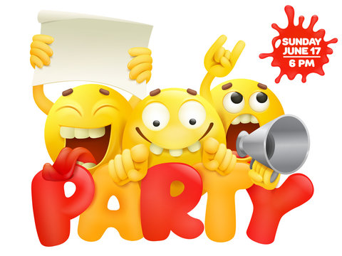 Party invitation card template with three emoji characters