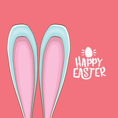 easter bunny with calligraphic text happy easter isolated on pink background. vector easter greeting card with blue rabbits ears