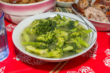 Authentic Homemade Chinese Food Closeup Boiled Broccoli Soup Bowl Holidays New Year Background